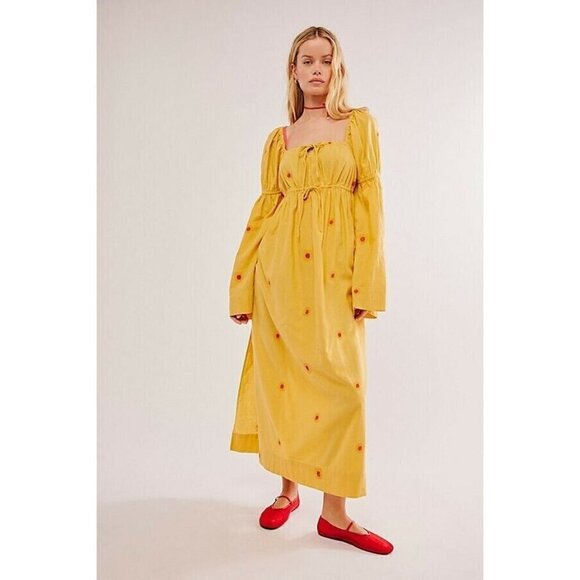Free People Dresses & Skirts - NEW FREE PEOPLE EMORY  WARM YELLOW FLOWER EMBROIDERED MIDI DRESS SZ SMALL